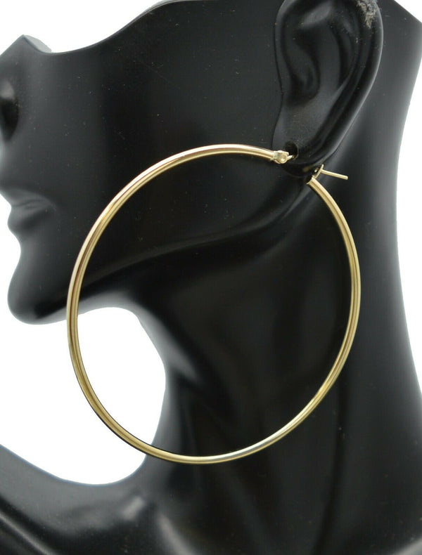 10k Solid Gold big Large hoop Plain Earrings 60mm x2mm 2.30''  3.8gr