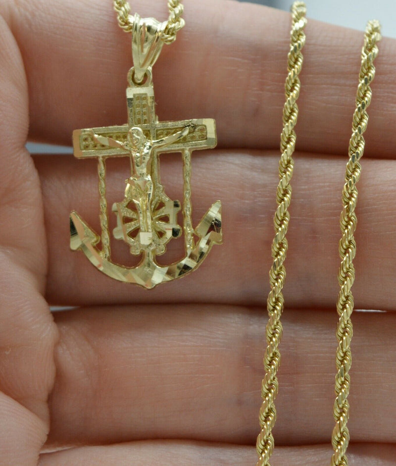 Real 10K Yellow Gold Jesus Body Anchor Diamond Cut Pendant + Rope Chain 16"-24"