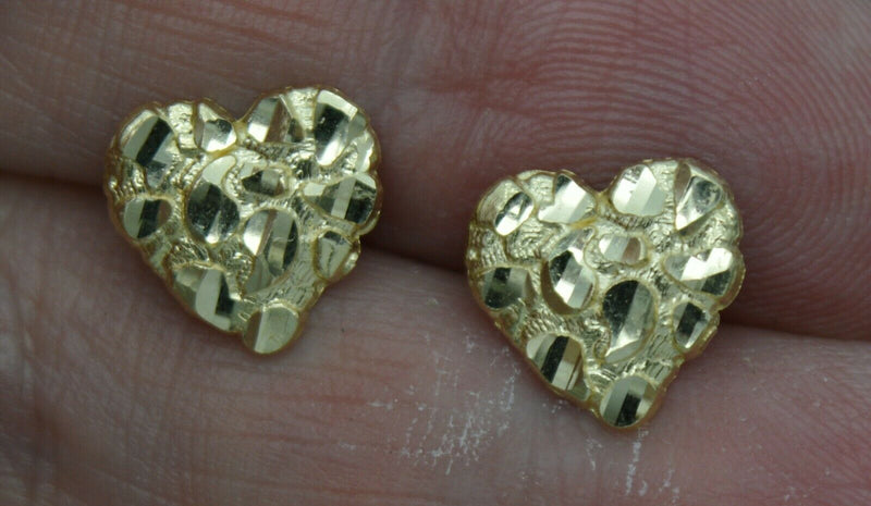 Real 10K Yellow Gold Small Heart Shape Nugget Diamond Cut Stud Earrings 10.4mm.jpg