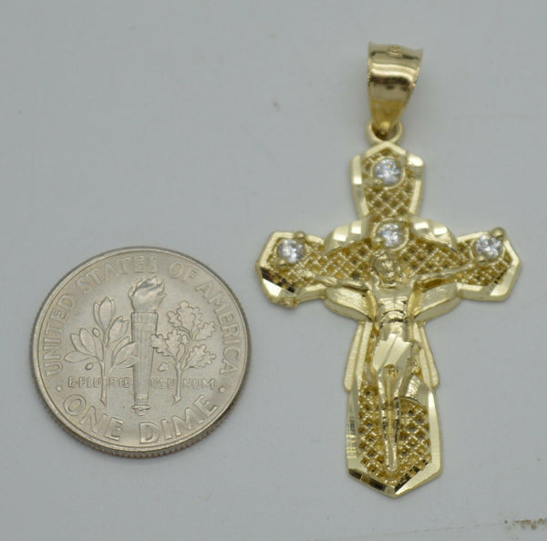 Real 10k Yellow Gold CZ Jesus Crucifix Cross Filigree Pendant + Chain 16"-24"