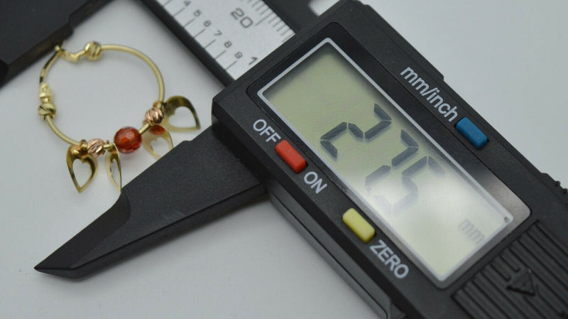 Real 14K Yellow Gold Hoop Dangling Movable Heart Red Bead Earrings 27.5mm