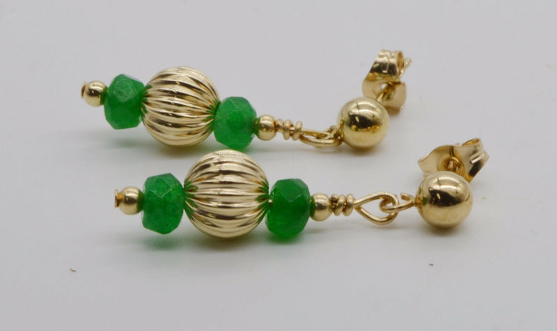 #BE-200 14K Solid Gold Corrugated Ball Beaded and Green Quartz Drop Earrings