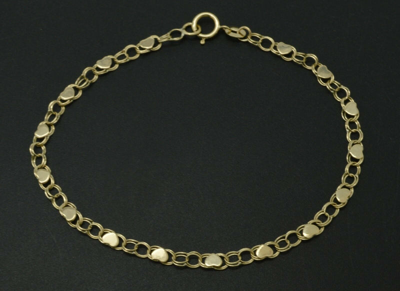 10k Yellow Solid Gold Mirrored Heart Link Chain Charm Bracelet 9''