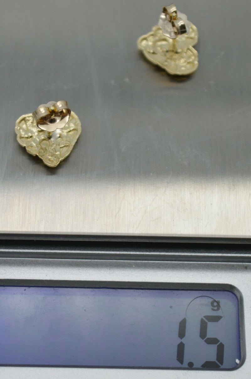 Real 10K Yellow Gold Small Heart Shape Nugget Diamond Cut Stud Earrings 10.4mm.jpg