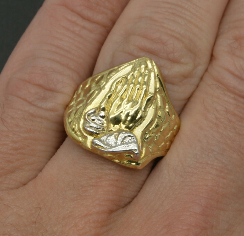 Real Solid 10K Yellow Gold Mens Praying hands Nugget  Ring 21mm ALL Sizes