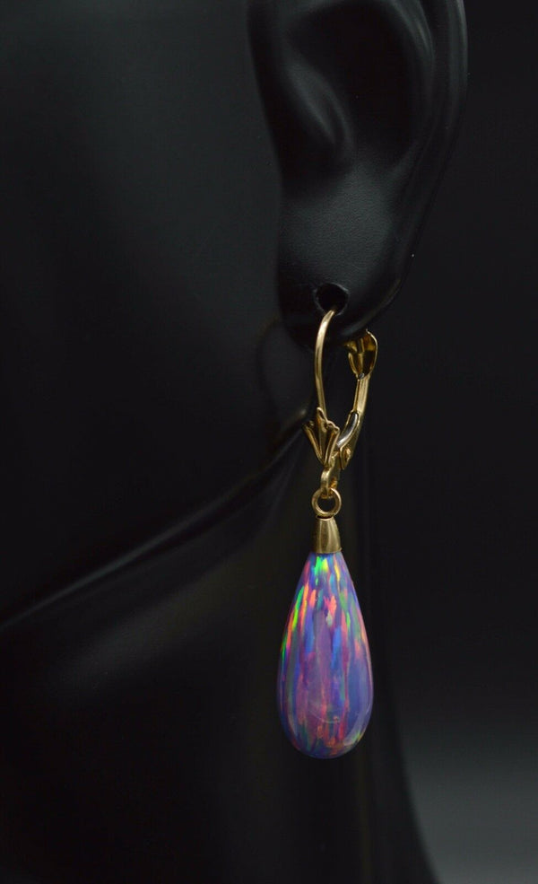 14K  Solid Yellow Gold Tear Drop Purple  Fire Opal Lever back Dangle Earrings