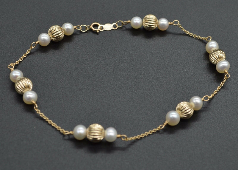 14K Solid Yellow Gold Cultured Pearl & Corrugated Ball Bead Bracelet 7.5".jpg