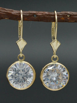 12ct 14K Yellow Solid Gold Round 10mm Created Diamond Lever Back Dangle Earrings