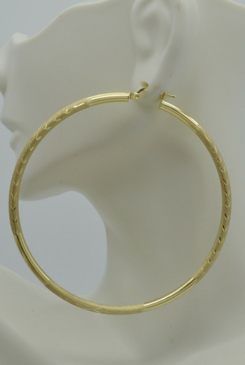 10k Solid Yellow Gold big Large hoop Diamond Cut Earrings 2.75'' 70mm x3MM