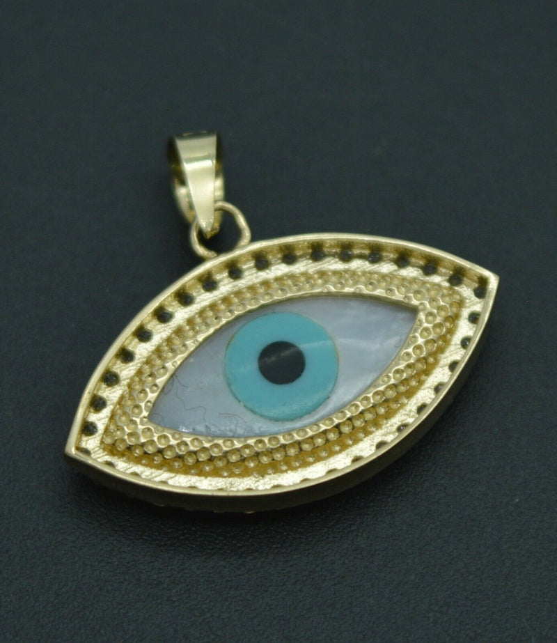 14k Solid Gold Evil Eye Luck Mother-Of-Pearl Charm Pendant +18 Chain