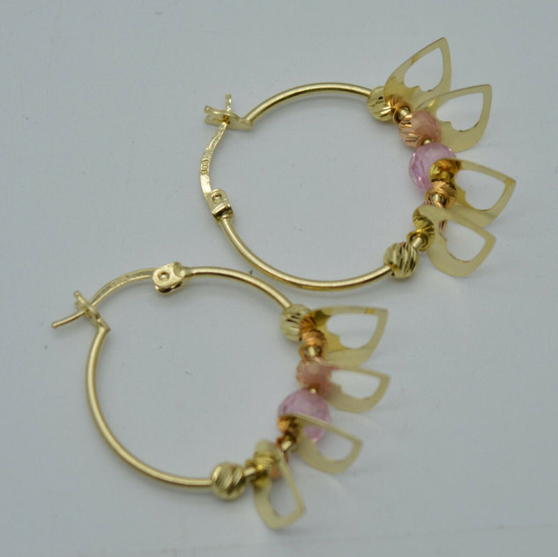 Real 14K Yellow Gold Hoop Dangling Movable Heart  Pink Bead Earrings 25.8mm