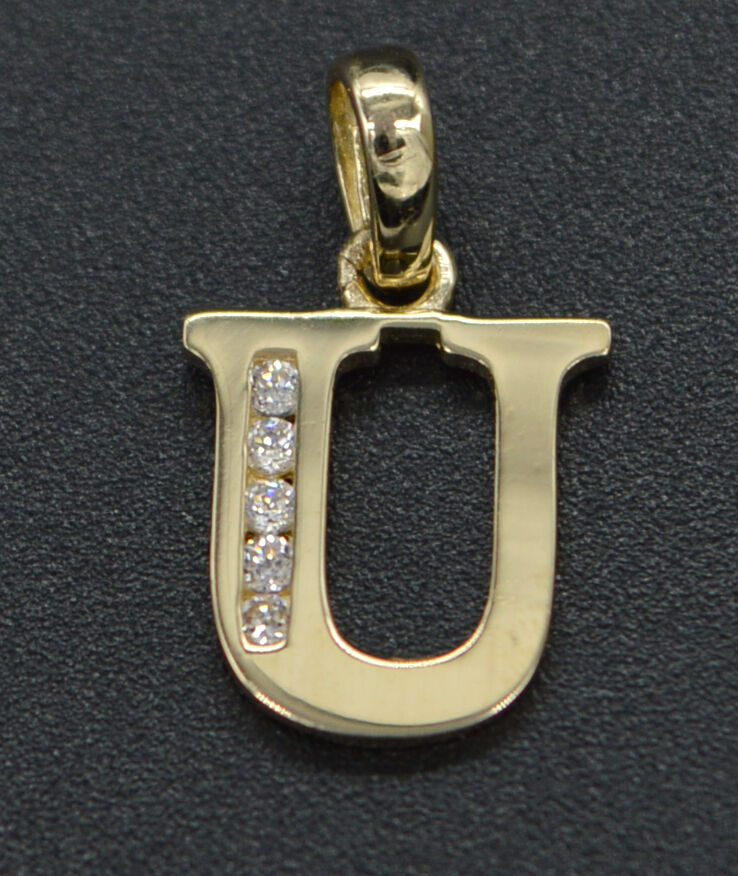 PM105 14K Yellow Solid Gold Created Diamond Initial Letter U Pendant +18" Chain