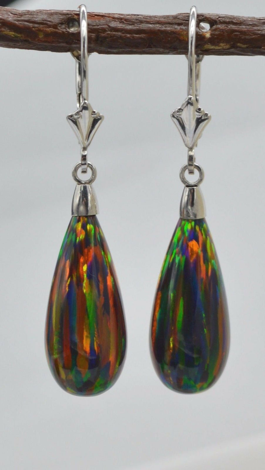 Asymmetrical Fire Opal Diamond Halo Stud Earrings – The Wind 14K White Gold with Genuine Orange Fire Opal Leaf Shape Dangling Hook Earrings display picture 1