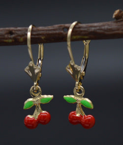 14K Solid Yellow Gold Enamel Cherries Dangle Leverback Earrings