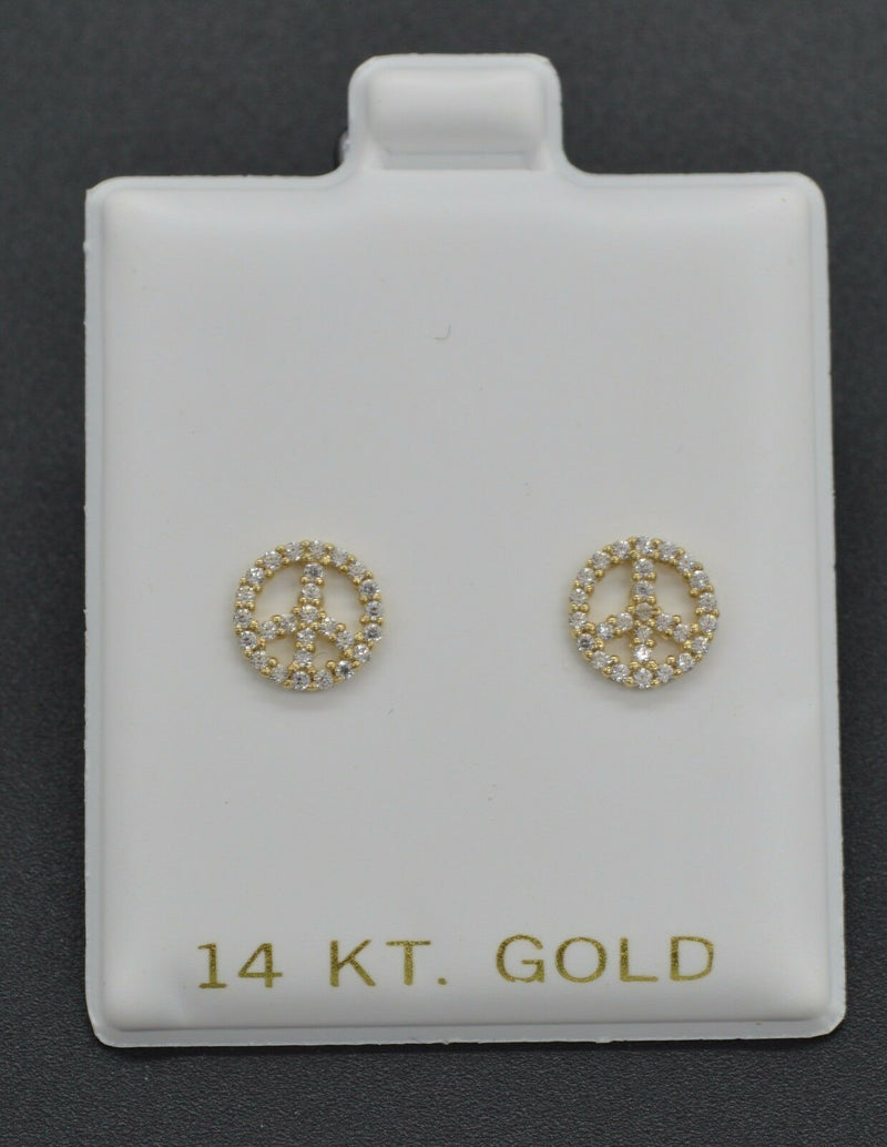 14K Solid Yellow Gold peace 8mm Cubic Zirconia CZ Stud Earrings