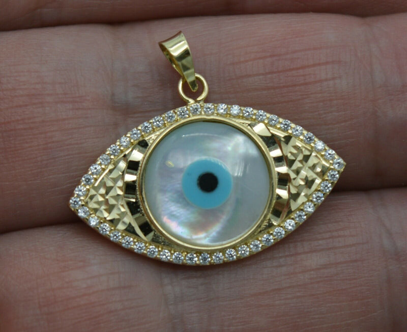 14k Solid Gold Evil Eye Luck Mother-Of-Pearl Charm Pendant +18 Chain