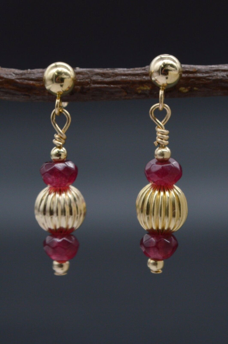 New 14K Solid Gold Natural Ruby & Corrugated Beaded Drop Earrings