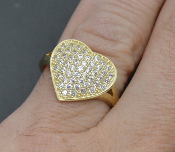 Real Solid 10K Yellow Gold 17mm Women's Full Heart CZ Engagement Ring All Sizes