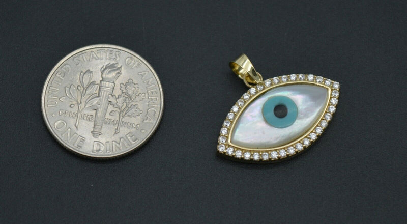 14k Solid Gold Evil Eye Luck Mother-Of-Pearl Charm Pendant +18 Chain