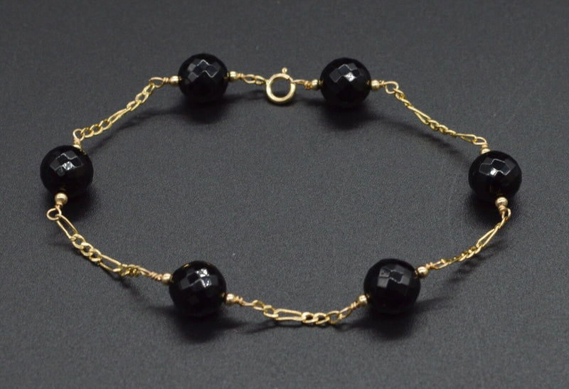 NEW 14K Solid Yellow Gold Faceted Onyx Black Bracelet 7.5".jpg