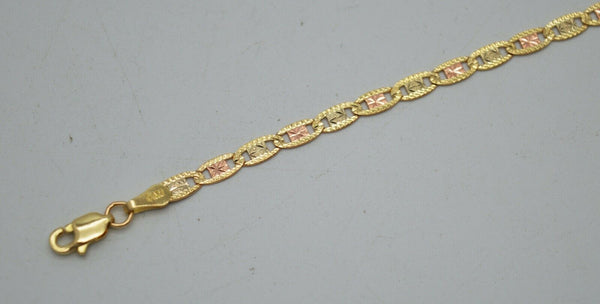 Real 10k Tri-Color Gold 3mm Valentino link Diamond Cut Bracelet 7"