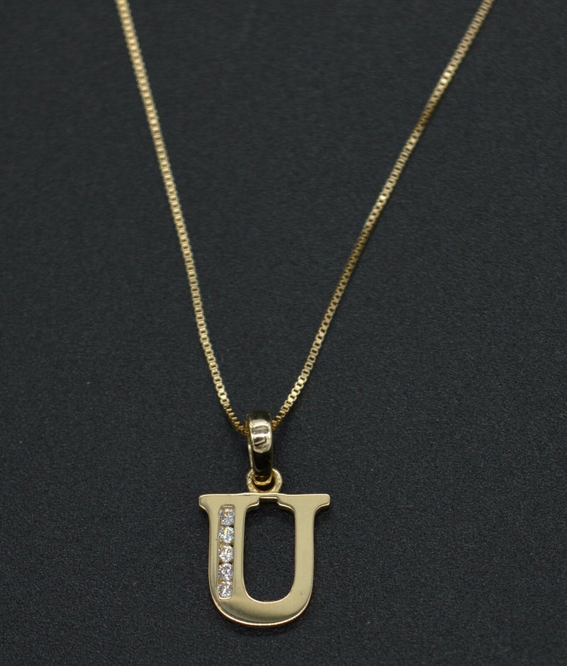 PM105 14K Yellow Solid Gold Created Diamond Initial Letter U Pendant +18" Chain