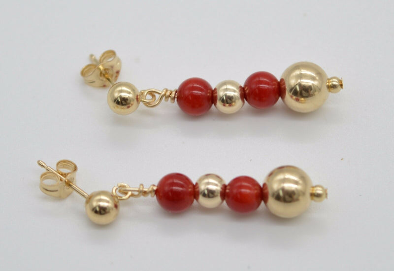 #BE-162 New 14K Solid Gold Natural Coral Bead Drop Earrings