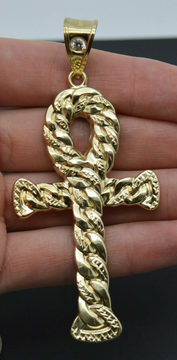 Real 10K Yellow Gold Huge Ankh Cross Jesus Miami Cuban Pendant Charm