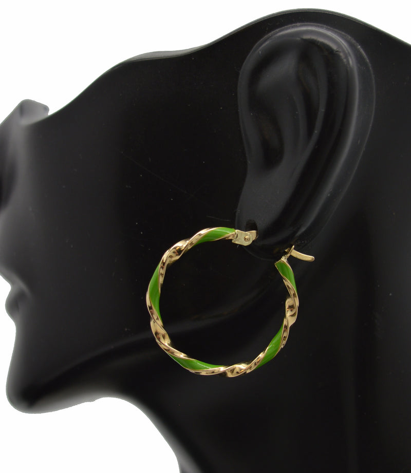 Real 14K Yellow Gold 25.1mm Green Enamel Round Twist Hoop Earrings 1.7 grams