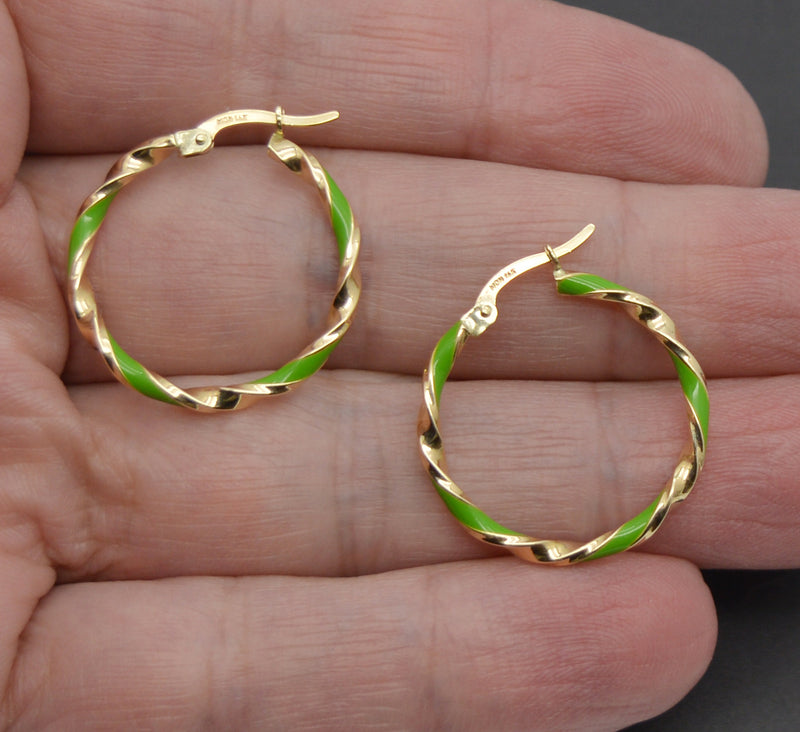 Real 14K Yellow Gold 25.1mm Green Enamel Round Twist Hoop Earrings 1.7 grams