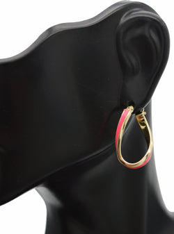 Real 14K Yellow Gold 24.3mm Neon Pink Enamel Oval Twist Hoop Earrings 2.0 grams