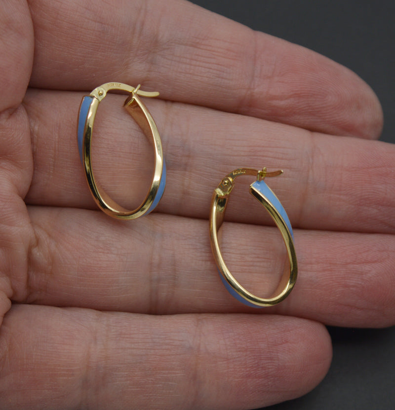 Real 14K Yellow Gold 24.3mm Light Blue Enamel Oval Twist Hoop Earrings 2.0 grams