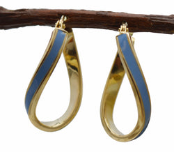 Real 14K Yellow Gold 24.3mm Light Blue Enamel Oval Twist Hoop Earrings 2.0 grams