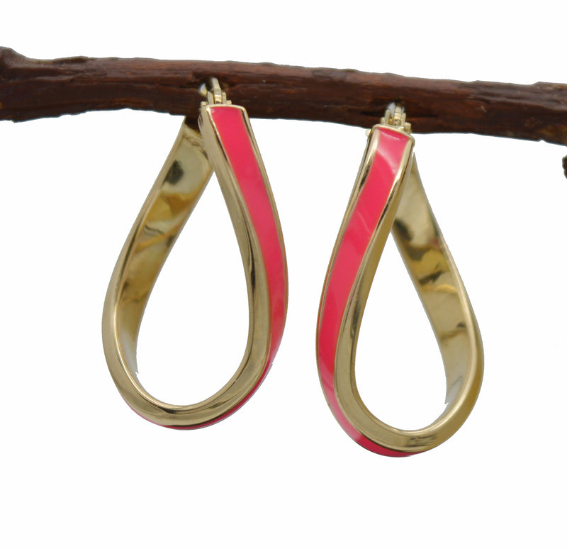 Real 14K Yellow Gold 24.3mm Neon Pink Enamel Oval Twist Hoop Earrings 2.0 grams