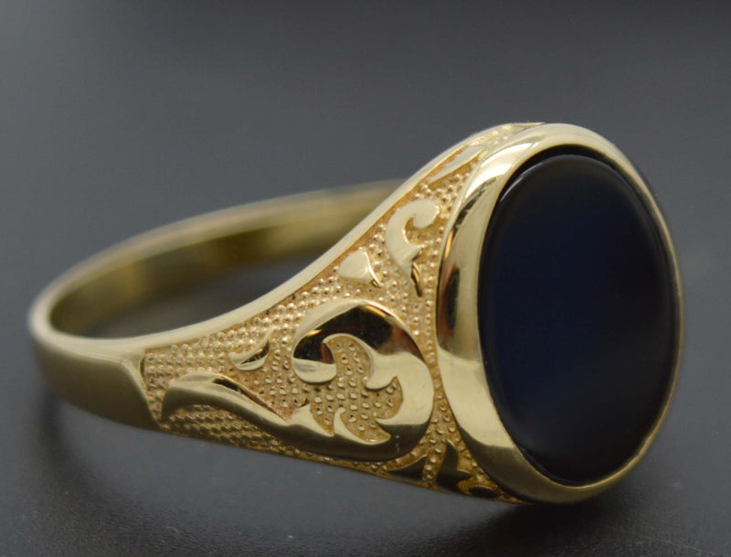 Real Solid 14K Yellow Gold Oval Close Black Enamel Shiny Signet 4.7gr Ring