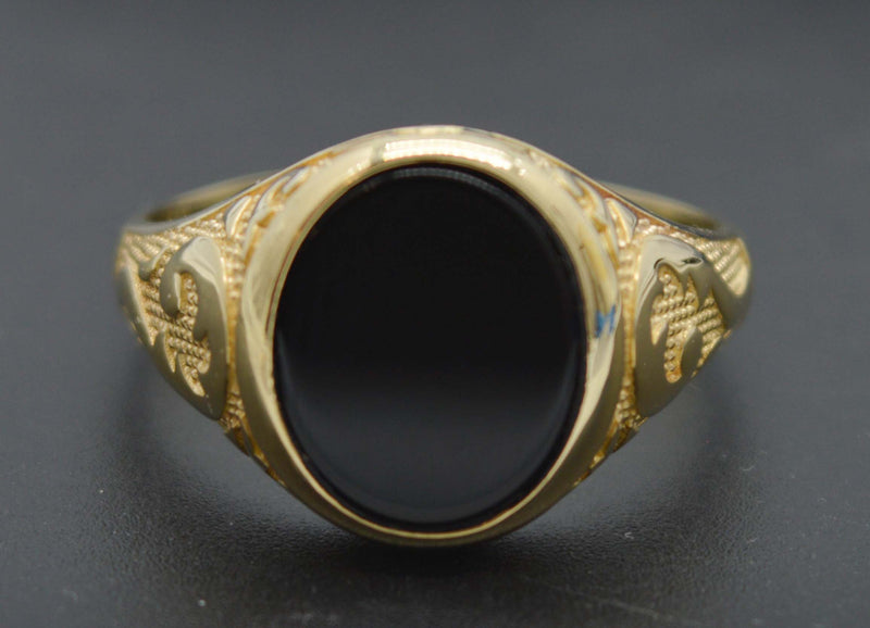 Real Solid 14K Yellow Gold Oval Close Black Enamel Shiny Signet 4.7gr Ring