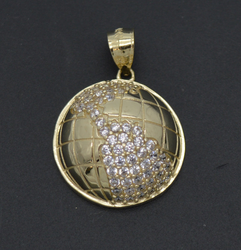 Real 10K Solid Yellow Gold 28.2mm CZ World Charm Textured Pendant 3.5 grams