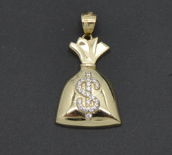 Real 10K Solid Yellow Gold 38.2mm CZ Dollar Money Bag Textured Charm Pendant