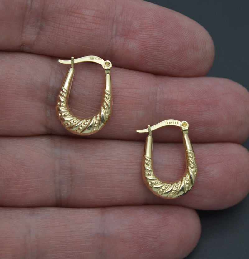 Real 10k Solid Yellow Gold Fancy Oval Creole Hoop Earrings 18.5mm