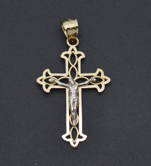 Real 10K Solid Yellow White Gold Two-Tone Jesus Cross Crucifix Pendant 1.4grams