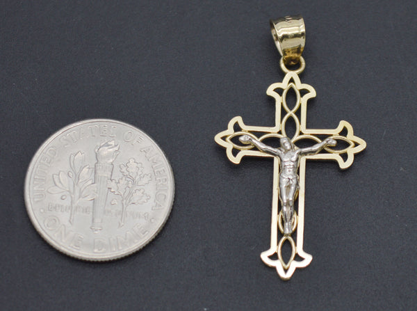 Real 10K Solid Yellow White Gold Two-Tone Jesus Cross Crucifix Pendant 1.4grams