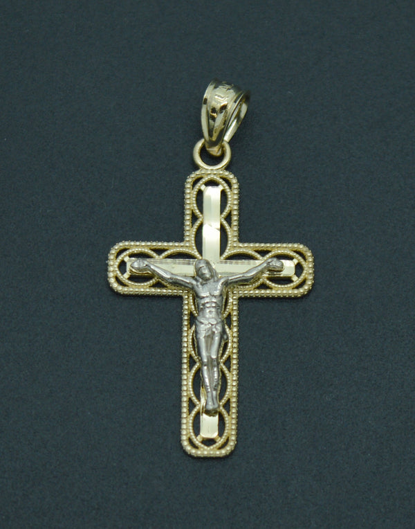 Real 10K Solid Yellow White Gold Oval Back Cut Jesus Cross Pendant 1.1/1.2grams