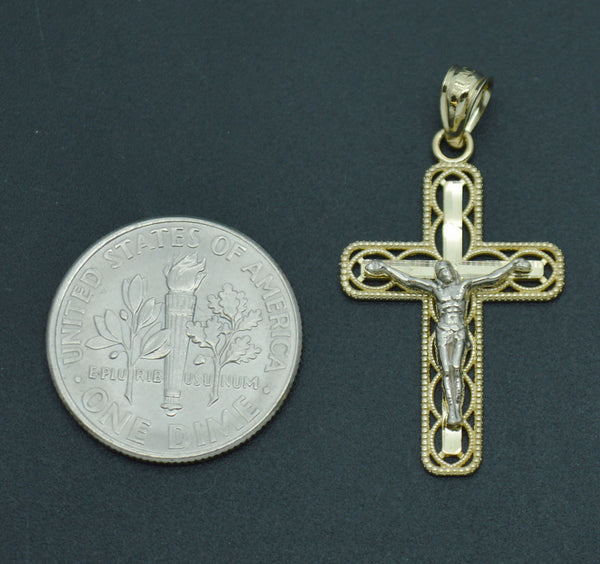 Real 10K Solid Yellow White Gold Oval Back Cut Jesus Cross Pendant 1.1/1.2grams