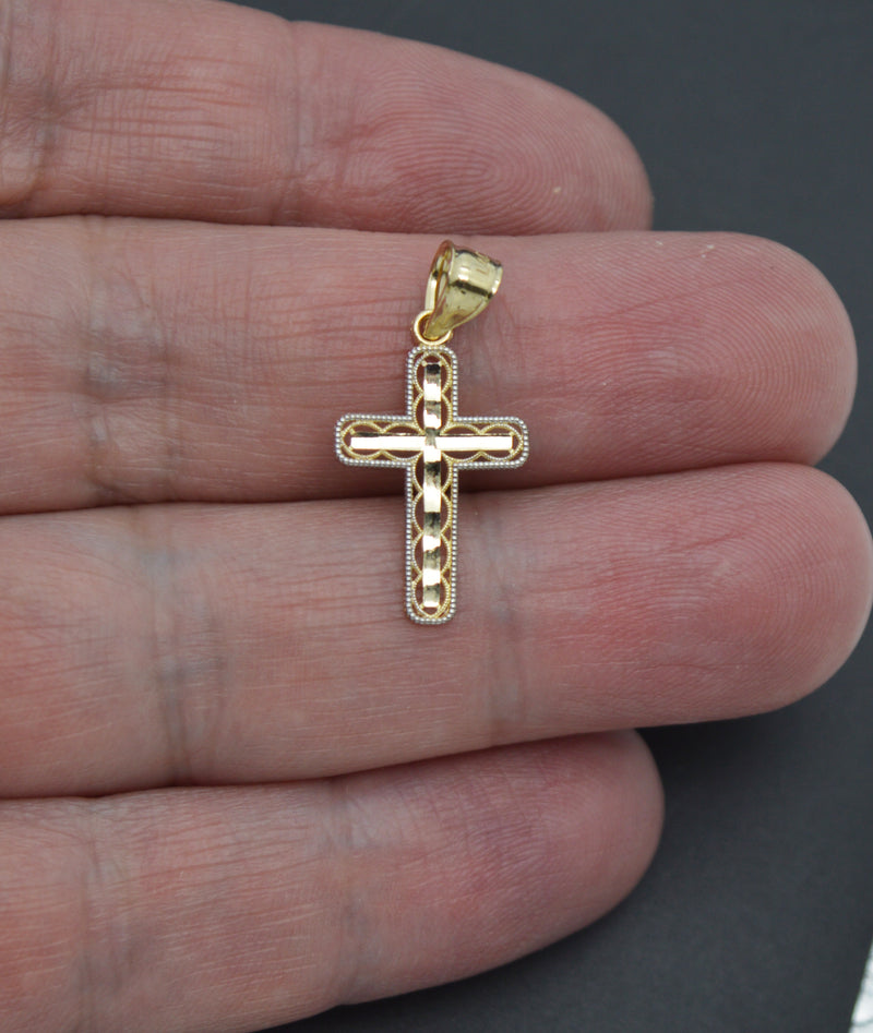 Real 10K Solid Yellow White Gold 35mm Cross Crucifix Oval Back Cut Pendant