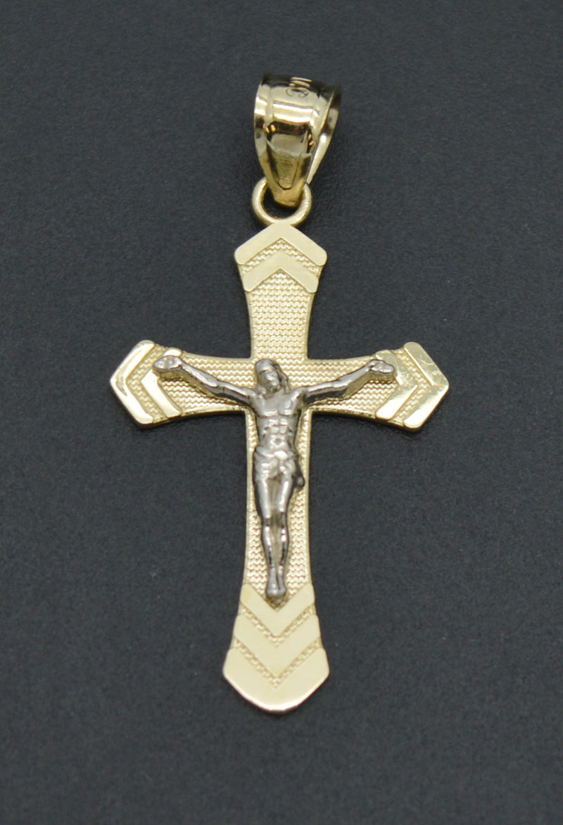 Real 10K Solid Yellow White Gold Arrow Cut Jesus Cross Crucifix Pendant 1.2grams