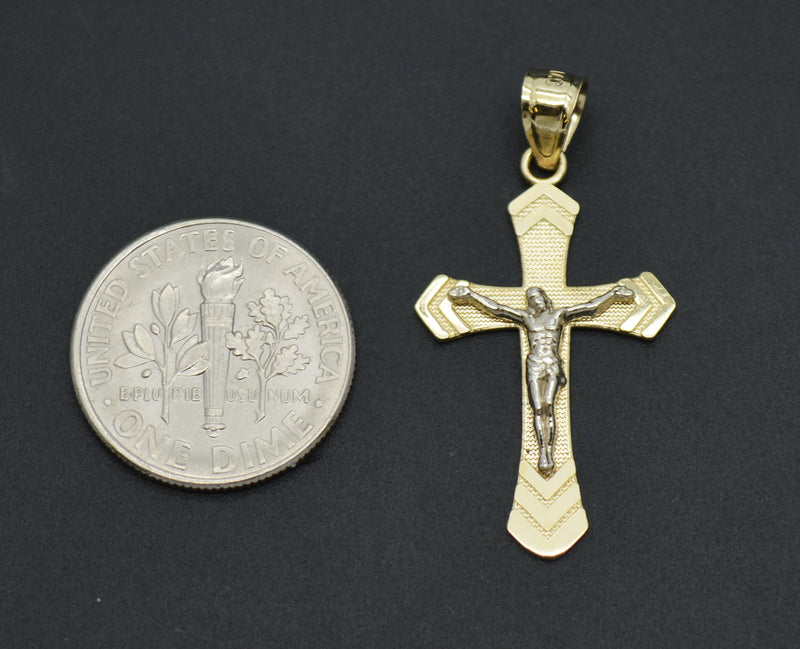 Real 10K Solid Yellow White Gold Arrow Cut Jesus Cross Crucifix Pendant 1.2grams