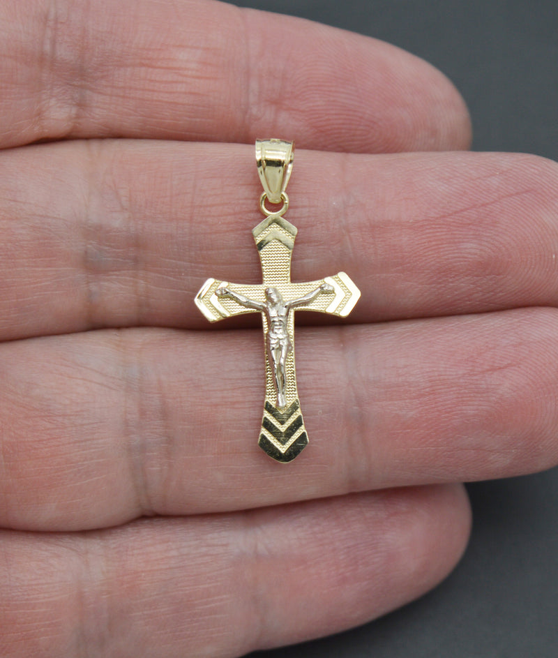 Real 10K Solid Yellow White Gold Arrow Cut Jesus Cross Crucifix Pendant 1.2grams