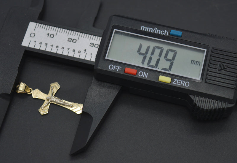 Real 10K Solid Yellow White Gold Arrow Cut Jesus Cross Crucifix Pendant 1.2grams