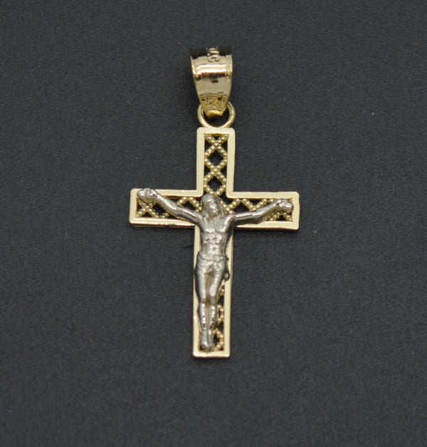 Real 10K Solid Yellow White Gold Cross Back Charm Jesus Crucifix Pendant 0.8grams