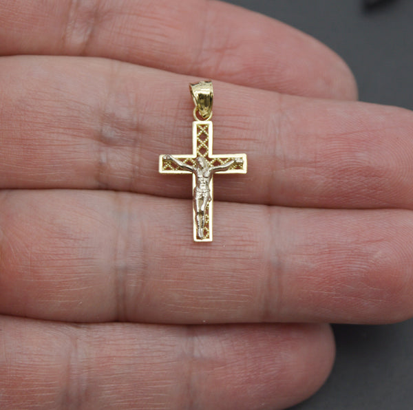 Real 10K Solid Yellow White Gold Cross Back Charm Jesus Crucifix Pendant 0.8grams